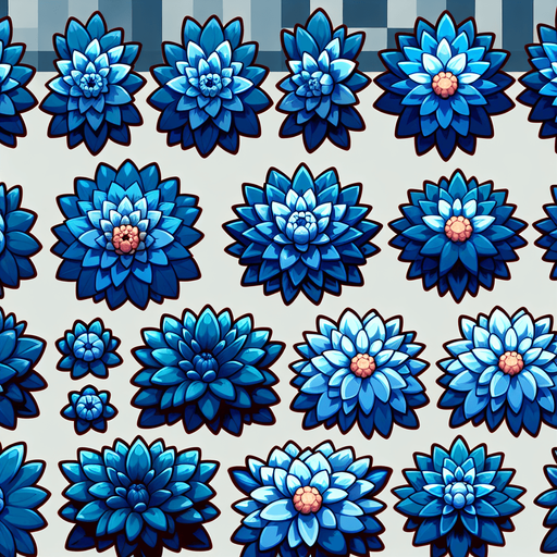 A sprite sheet of different blue dahlia seen from above. Cartoon. All similar size. Just the blossom. Bold colors and shading. 
Single Game Texture. In-Game asset. 2d. Blank background. High contrast. No shadows.
