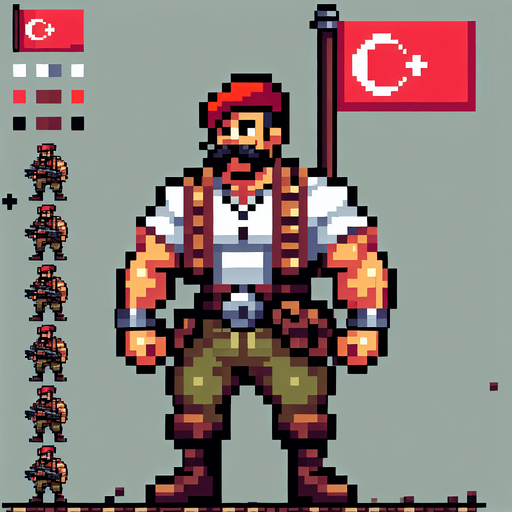 osmali askeri coook guclu bir turk 2d pixelart.
Single Game Texture.  In-Game asset.  2d.  Blank background.  High contrast.  No shadows