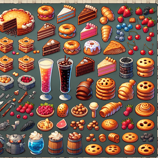 A spritesheet full of different delicious medieval cakes and snacks and beverages..
Single Game Texture. In-Game asset. 2d. Blank background. High contrast. No shadows.
