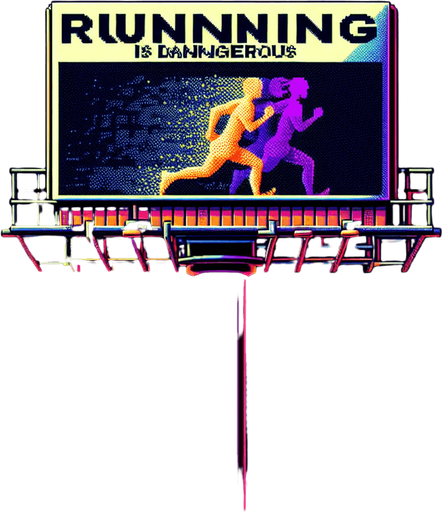 face view of billboard warning about "RUNNING IS DANGEROUS".
video game style