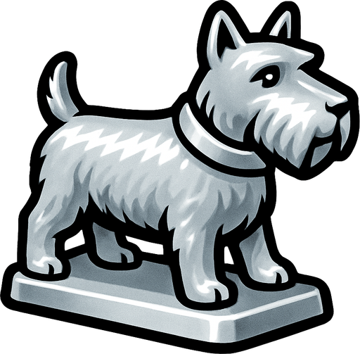 Köpek şeklinde gümüş monopoly piyonu yap.
In-Game asset.  2d.  High contrast.  No shadows