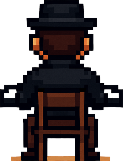 pianist man with hat from behind standing in chair without piano pixel art 2d