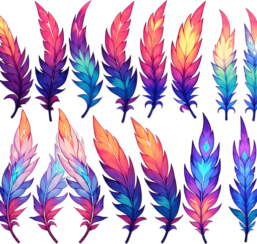 A sprite sheet of Phoenix feathers. Single feather..
Single Game Texture. In-Game asset. 2d. Blank background. High contrast. No shadows.