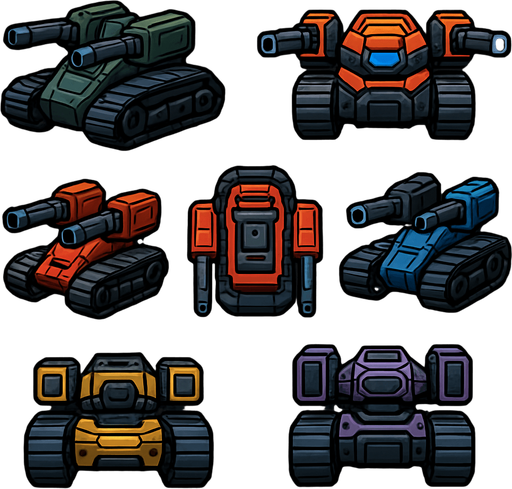 Pack of different future tank enemy have 2 turrets on its 2 sides, different frames of it facing the screen by sides from the left side, right side, top,bottom,front,back, HD colors.
In-Game asset.  2d.  High contrast.  No shadows