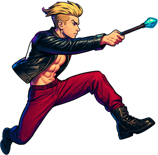 Swishy graceful man Cyberpunk manga, wand pointed straight ahead, arm extended, jump attack, side profile view attack animation, shiny black leather biker jacket longsleeves shirtless Skinny abs blonde pompadour guy, action shot wine red joggers combat boots, Background removed, "Full-body character, entirely in frame, no cropping of face, head, or feet" "Complete character visible, from head to toe, fully centered in the image" "Entire character, including face and boots, fully within the frame" Character fully contained within a square frame, no edges cut off fashion model running pose