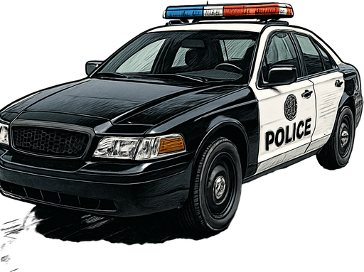A highly detailed 2D illustration of a modern police car, viewed from a 3/4 front angle. The car should feature realistic proportions, reflective black and white paint, a visible police logo on the doors, detailed sirens and light bars on top, chrome accents, visible tires with tread, a front grille with texture, and a clean, urban background with street reflections. Emphasize realism and intricate detail, with proper shading and highlights to give a semi-realistic hand-drawn look. The style should combine comic art with technical illustration.
In-Game asset.  2d.  High contrast.  No shadows