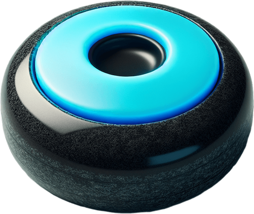 Black curlingstone with neonblue top, top view.