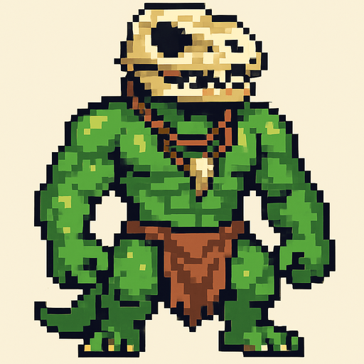 Lagarto furry fuerte sin camisa y con taparrabos, que en la cara lleve un cráneo de otro lagarto, que lleve colgantes y que sea pixeleado.
In-Game asset.  2d.  High contrast.  No shadows