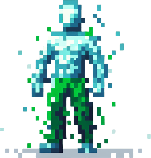 pixel bir su adam 2d yesil pantolon giyinmis.
Single Game Texture.  In-Game asset.  2d.  Blank background.  High contrast.  No shadows. 2d pixel