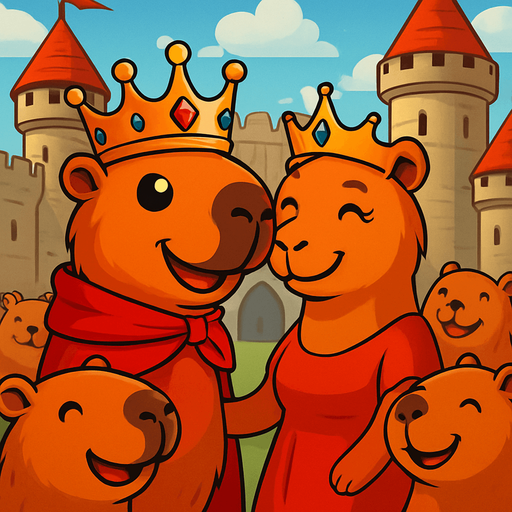 Utilizando este rey. Pon de fondo un castillo. Al rey feliz con su reina. Los capybaras subditos alrededor felices.