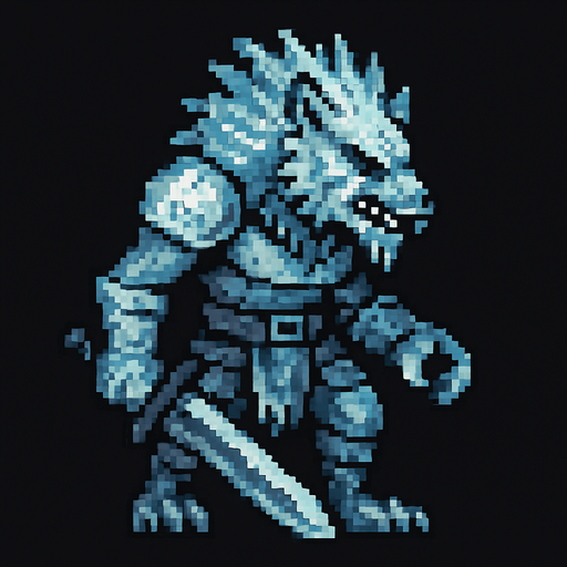 Frost Wolf Man Dark souls style 2d pixel art.
In-Game asset.  2d.  High contrast.  No shadows