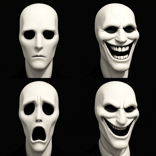 3D Slenderman scary and funny face meme. different faces look. face only.
In-Game asset.  High contrast.  No shadows. 3D