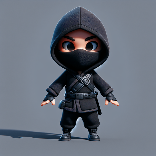 A ninja kid thief, full body, with a dark colored hoodie.
Single Game Texture. In-Game asset. 2d. Blank background. High contrast. No shadows.