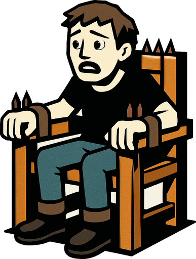 a person in site position chair and scared and his hands on the to woods of the chair (torturing chair) tied similar to saw room scene
In-Game asset.  High contrast.  No shadows. 3D