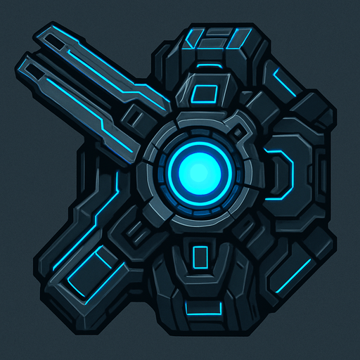 top-down view, futuristic digital defense turret, heavy energy core, metallic cyberpunk style, blue glowing lines, anti-virus cannon.
In-Game asset.  2d.  High contrast.  No shadows