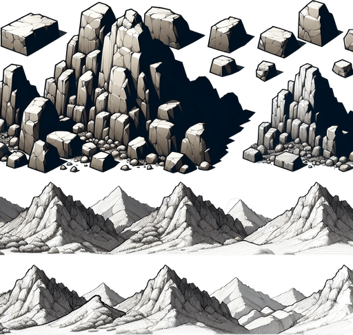 mountain rocks.
Single Game Texture. In-Game asset. 2d. Blank background. High contrast. No shadows.
