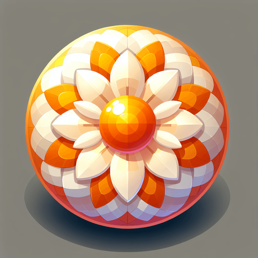 A round orange and white flower. Top down view.
Single Game Texture. In-Game asset. 2d. Blank background. High contrast. No shadows.