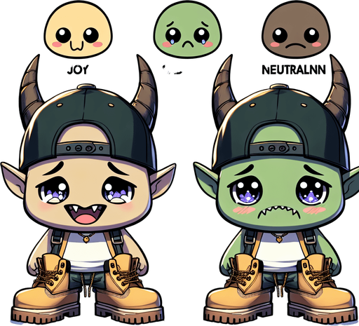 a cute monster in 4 emotions (happy, sad, hungry and neutral) wearing a snapback and Timberland shoes in Anime theme Single Game Texture. In-Game asset. 2d. Blank background. High contrast. No shadows.