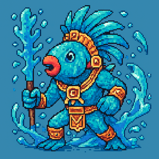 Generame un guerrero azteca con patrones, estilo pixelar, además será una Pez loro, con efectos de AGUA.
In-Game asset.  2d.  High contrast.  No shadows
