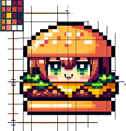 8 bit anime image delecious burger.
Single Game Texture.  In-Game asset.  2d.  Blank background.  High contrast.  No shadows