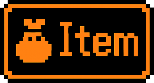 Black button with an orange outline that says "Item" and has a Bag icon, pixel art.
In-Game asset.  2d.  High contrast.  No shadows