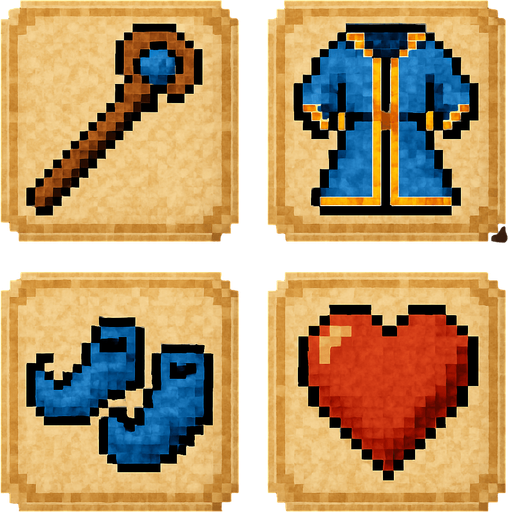 Four square cards with rounded, embossed edges with parchment texture for background. One shows an icon of wizards staff, one shows an icon of a wizards robe, one shows an icon of a pair of wizards slippers and one shows an icon of a heart. Pixelated retro video game art..
In-Game asset.  2d.  High contrast.  No shadows