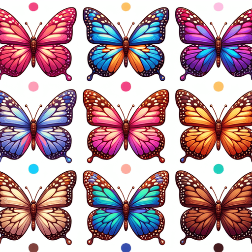 Sprite sheet with several differently colored butterflies. Realistic. No outline. No shadows. No backgrounds..