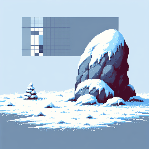 pixel art of a large, snow covered rock . Single Game Texture. In-Game asset. 2d. Blank background. High contrast. No shadows.