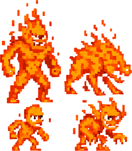 ateşden yanan canavarlar insanlar yaratık pixel art.
In-Game asset.  2d.  High contrast.  No shadows