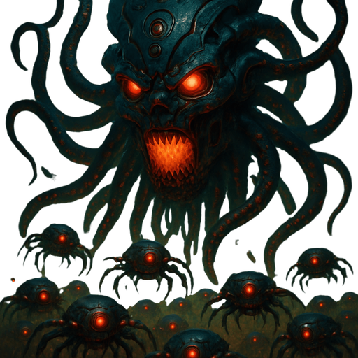 Giant head cyberpunk robot squid demon giant head tentacles behind matrix sentinels