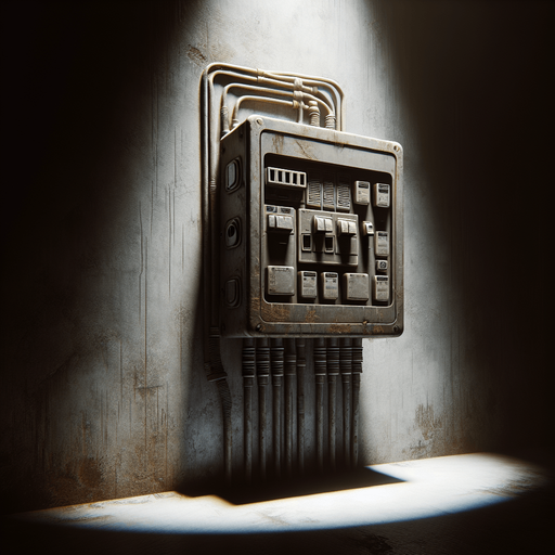 an eerie wall fusebox
Single Game Texture. In-Game asset. 2d. Blank background. High contrast. No shadows.