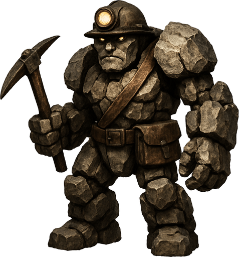 un golem de piedra que parezca un minero y que se vea ultra realista.
In-Game asset.  2d.  High contrast.  No shadows