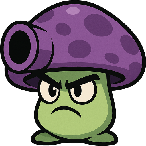Cabeza (sombrero del hongo): Es grande, redonda y de color morado con manchas más oscuras. En el frente tiene una estructura que parece una boquilla o cañón, lo que da la impresión de que puede disparar algo.

Cuerpo: Pequeño y de color verde claro, con una expresión facial seria o enojada. Tiene ojos grandes y cejas inclinadas hacia abajo, lo que resalta su actitud agresiva o decidida.

Estilo: Es un diseño al estilo de caricatura o videojuego, similar a los personajes de Plants vs. Zombies..
In-Game asset.  2d.  High contrast.  No shadows