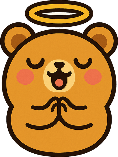 un oso redondito, con una aureola, cara kawai y con los brazitos juntitos como rezando y cantando.
In-Game asset.  2d.  High contrast.  No shadows