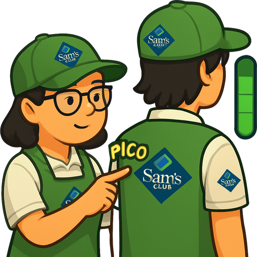 Ambos deberan ser trabajadores de sams club, gorra verde con el logo, la chica de la izqueirda debera usar lentes, polo blanca, mandil verde con el logo del trabajo.
EL chico de la derecha, pelo negro un poco alrgo, gorra igual verde y el amndil.

Igual el de la derecha usara playera de polo blanca.

Y al ededor de la mano que esta tocando deberia decir PICO PICO, COMO SI FUERA UN EFECTO DE SONIDO AL TOCARLO