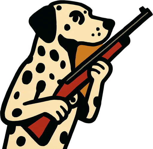 dalmation dog holding a gun.
In-Game asset.  2d.  High contrast.  No shadows. hunting