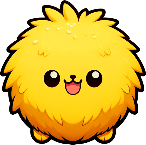 a yellow furry cuddly ball of fur. little feet. No ears. cute happy face. Cartoon style. Cute art style. Simple vector style. Pastel colors, flat shaded, vector art. Single Game Texture. In-Game asset. 2d. Blank background. High contrast. No shadows