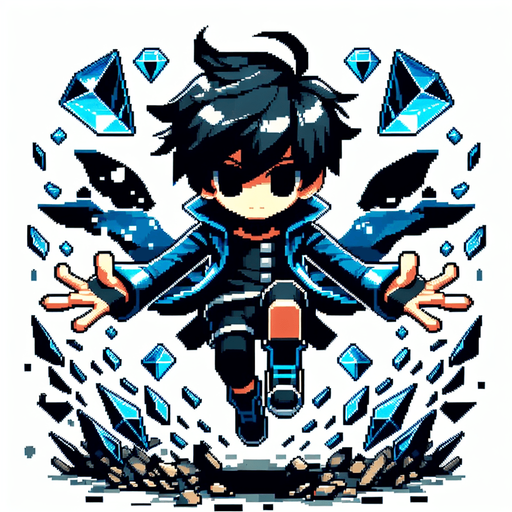 pixel person with black hair, black pants, black eyes, and blue clothes making a V with hands jumping in a rain of diamonds.
Single Game Texture.  In-Game asset.  2d.  Blank background.  High contrast.  No shadows
