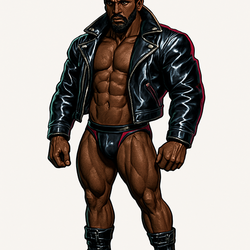 man Cyberpunk manga, African American hunk, shiny black leather biker jacket longsleeves shirtless muscles, jockstrap combat boots, Background removed, "Full-body character, entirely in frame, no cropping of face, head, or feet" "Complete character visible, from head to toe, fully centered in the image" "Entire character, including face and boots, fully within the frame" Character fully contained within a square frame, no edges cut off fashion model idle pose