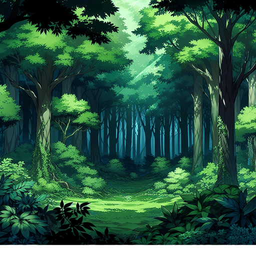 anime style green dark forest.
Single Game Texture.  In-Game asset.  2d.  Blank background.  High contrast.  No shadows