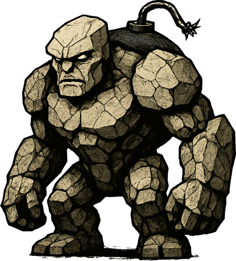 un golem de piedra ultra realista con una bomba en la espalda.
In-Game asset.  2d.  High contrast.  No shadows