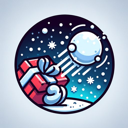 Icon for a snowball hitting a present in the sky, on a circle, with the text „Snowball Delivery“ at top, cartoon, christmas style Single Game Texture. In-Game asset. 2d. Blank background. High contrast. No shadows.