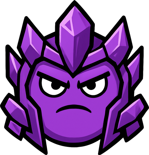 a purple circle with purple crystal armour and a sturn look on his face. only the head
In-Game asset.  2d.  High contrast.  No shadows