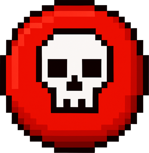 un boton rojo con una calavera de pixeles.
In-Game asset.  2d.  High contrast.  No shadows