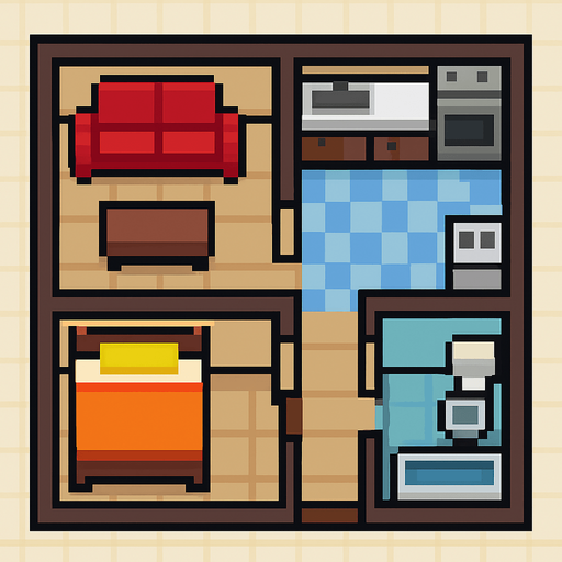 Apartment tile 2d pixilated topdown.
In-Game asset.  2d.  High contrast.  No shadows