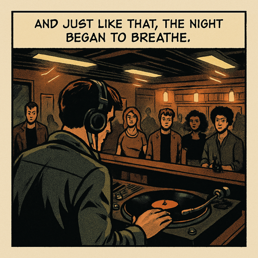 A comic panel styled like a square photo print with a clean white border. Realistic comic art. Scene: Over-the-shoulder view of Noah at the booth, the crowd in the bar small but curious. One hand on the vinyl, lights begin to flicker rhythmically. Narrator box at the top reads: “And just like that, the night began to breathe.”.
In-Game asset.  2d.  High contrast.  No shadows