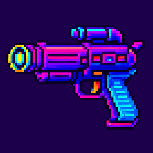 Pistola futurista, retro, neon, pixelart.
In-Game asset.  2d.  High contrast.  No shadows