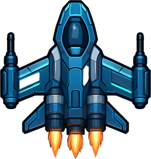 Upgrade the Level 1 ship into a more capable 2D top-down design. Add wing extensions with subtle glowing lines, a larger engine section with animated thrusters, and two visible weapon hardpoints. Add more color variation (blues, steel, light glow effects) to indicate progress and increased power..
In-Game asset.  2d.  High contrast.  No shadows