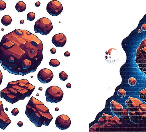 Space rocks.
Single Game Texture. In-Game asset. 2d. Blank background. High contrast. No shadows.