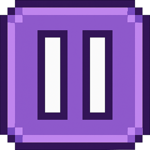 Pixel art pause button, purple color, rounded corners, 8-bit UI style, minimal design, no background, 80x80 size, suitable for mobile rhythm game interface.
In-Game asset.  2d.  High contrast.  No shadows